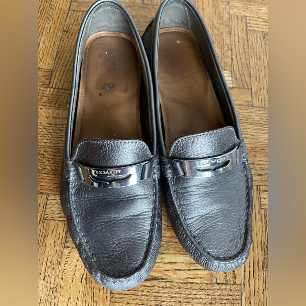 COACH + silver metallic + driver style loafer